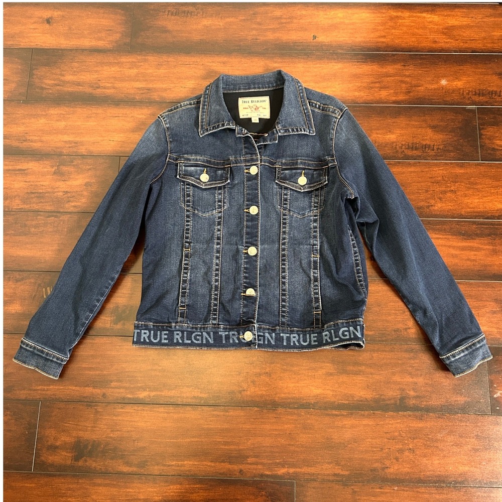 True Religion Denim Jacket Women's Large Blue Logo Hem Trucker 90's Y2K Stretch